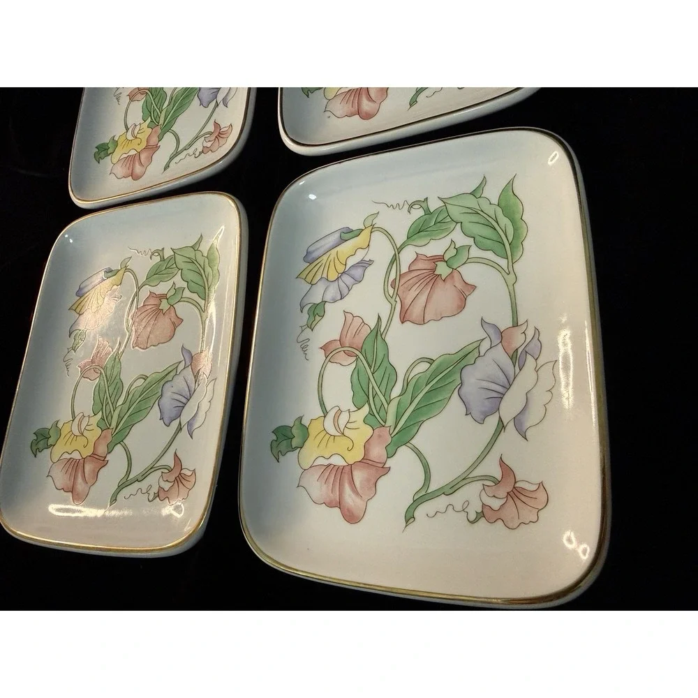 VTG Ben Rickert Porcelain Flowers Floral Tray Trinket Dish Signed Japan Set Of 4